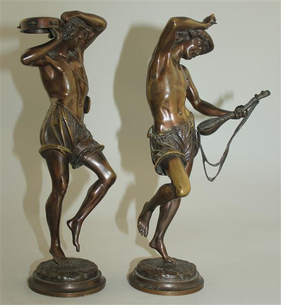 Albert Carrier Belleuse (French, 1824-1887). Danseurs Napolitains, a pair of patinated bronze figures of musicians, 10.5in.